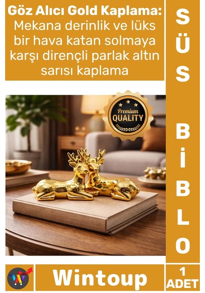 Biblo Modern Dekoratif Lüks Hediye Gold Küçük Boy Geyik Tasarımlı Süs Parlak Altın Seramik Biblo