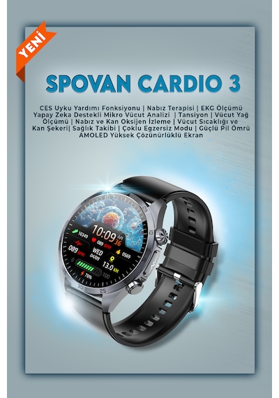 Spovan Cardio 3 EKG Tansiyon Analiz Şeker AI Akıllı Saat (Distribütör Garantili)