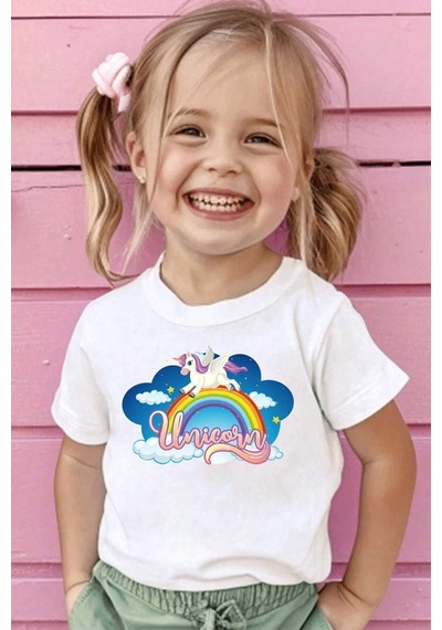 Uyguntarz Çocuk Unicorn Baskılı Pamuklu Tshirt Beyaz