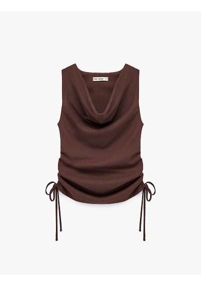 Koton Slim Fit Kolsuz Bürümcük Bağlama Detaylı Degaje Yaka Büzgülü Bluz Kahverengi 6sal60050ık Kahve