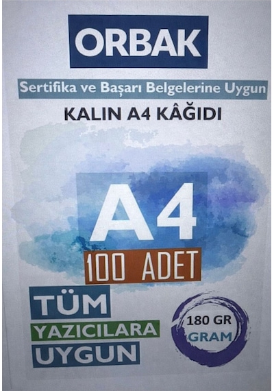 Kalın Beyaz A4 Kağıdı 180 Gram 100 Adet Sertifika, Belge Ve Diğer Amaçlar Için