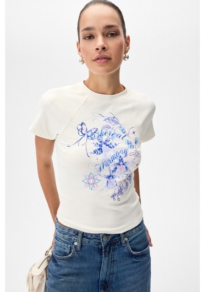 Grımelange Wıms Kadın Baskılı Kısa Kollu Ekru T-shirt