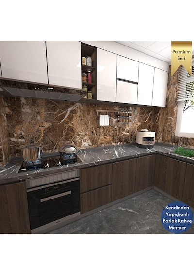 Technosmart 60x100cm Mermer Desen Kendinden Yapışkanlı Duvar Kağıdı Kaplama Mutfak Tezgeh Masa Folyo Kahverengi