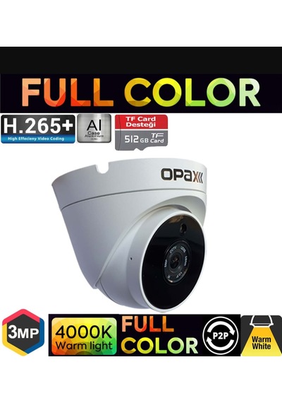 Opax-2553 3mp Ip Tft Card Destegi H.265+3 Warm Lıght Full Color 3,6 Mm Metal Dome Camera