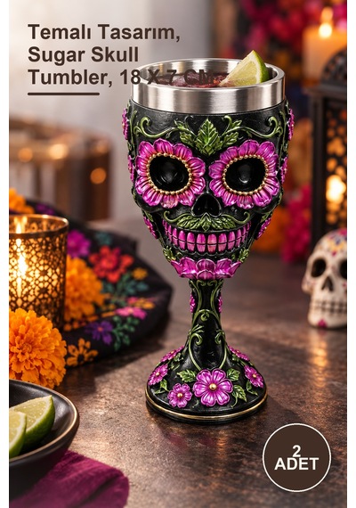 2 Adet 3d Day Of The Dead Şeker Kuru Kafa Desenli Çelik Kadeh Temalı Tasarım, Sugar Skull Tumbler, 18 X 7 Cm