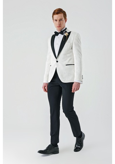 İmza Açık Krem Çıkarılabilir Kırlangıç Yaka Likralı 6 Drop Slim Fit Smokin Damatlık 1001240204-Açık Krem