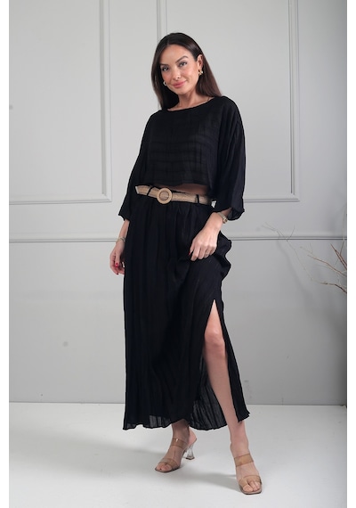 By Saygı Kadın Uzun Yarasa Kol Bluz Beli Lastikli Astarlı Uzun Etek Simli Modal Bohem 2'li Takım Siyah By Saygı Kadın Uzun Yarasa Kol Bluz Beli Lastikli Astarlı Uzun Etek Simli Modal Bohem 2'li Takım Siyah