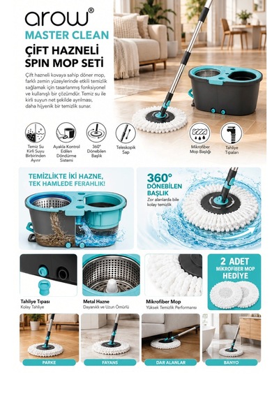 Arow Master Clean Çift Hazneli Spin Mop Seti 2 Adet Mikrofiber Paspas Hediyeli