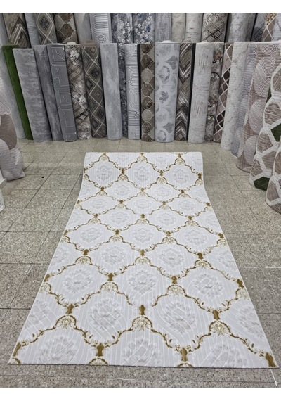 Klasik Saray Desenli Beyaz Gold Koridor Yolluğu Kaymaz Taban Yıkanabilir Salon Mutfak Halısı