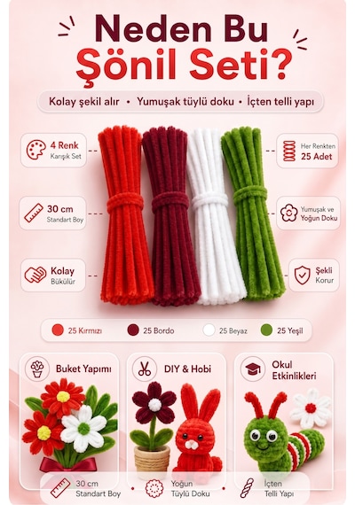 100 Adet Şönil Tel 30 Cm Kırmızı Bordo Beyaz Yeşil Tüylü Hobi Teli El İşi Ve Dıy Çiçek Yapımı