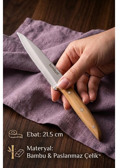 Bambum Gea 6'lı Bambu Saplı Steak Bıçağı Seti 21.5 Cm - Paslanmaz Çelik Lazer Tırtıklı Et Bıçağı