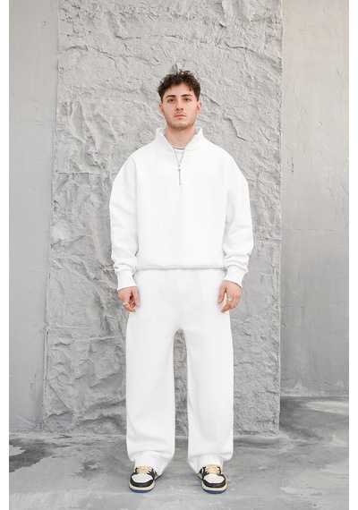 Beyaz Cozy Basic Yarım Fermuar Oversize Sweatshirt Beyaz