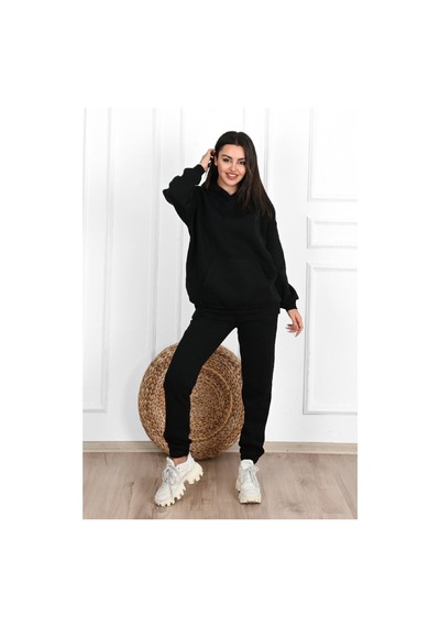 Düz Basic Eşofman Takımı Sweatshirt Jogger - Siyah Oversize Şardonlu Kapüşonlu Siyah
