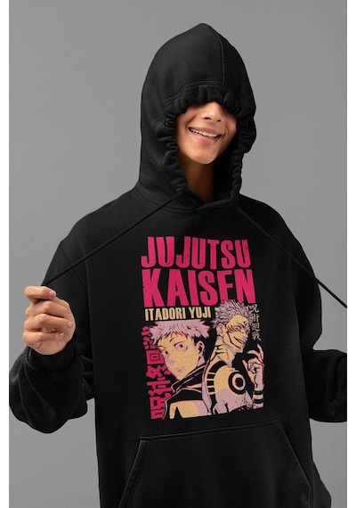 Jujutsu Kaisen Itadori Yuji Baskılı Unisex Oversize Anime Hoodie Siyah