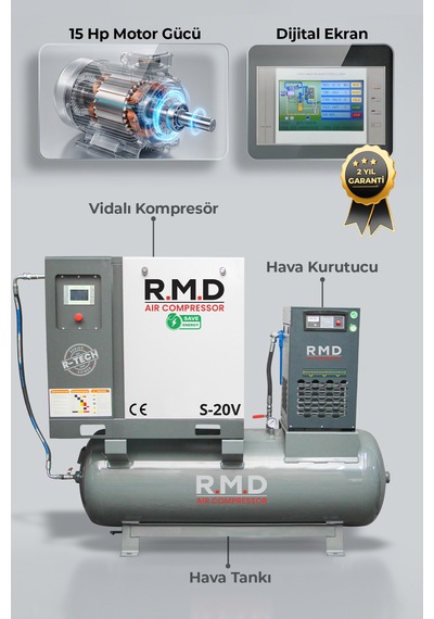 20 Hp 500 Lt Depo Üstü Invertörlü Vidalı Hava Kompresör Seti S-20v