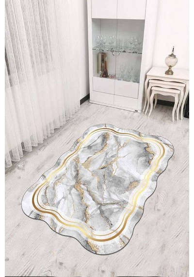 Gri Gold Çerçeveli Kaymaz Tabanlı Lazer Kesim Halı Rv305n11 Gri - Gold