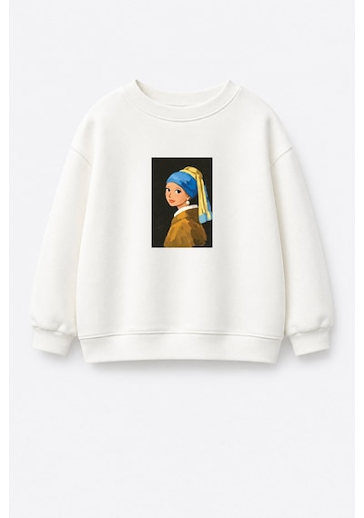 Monila Kız Çocuk Pamuklu Bisiklet Yaka İnci Küpeli Kız Baskılı Sweatshirt Ekru