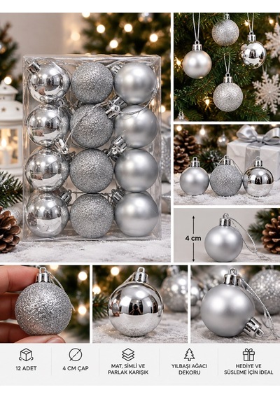 12'li Set 4 Cm Gümüş Yılbaşı Ağacı Süsü Mat, Simli Ve Parlak Karışık Çam Ağacı Topu Noel Süsü Diğer