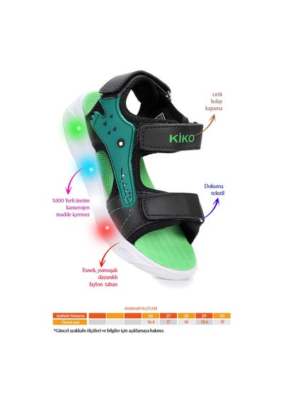 Kiko Kids Arnı Günlük Işıklı Cırtlı Erkek Çocuk Sandalet Ayakkabı Siyah Siyah