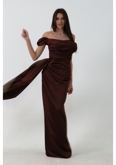 Feminist Kahve Drape Detaylı Saten Kumaş Abiye Elbise 9704858 Kahverengi
