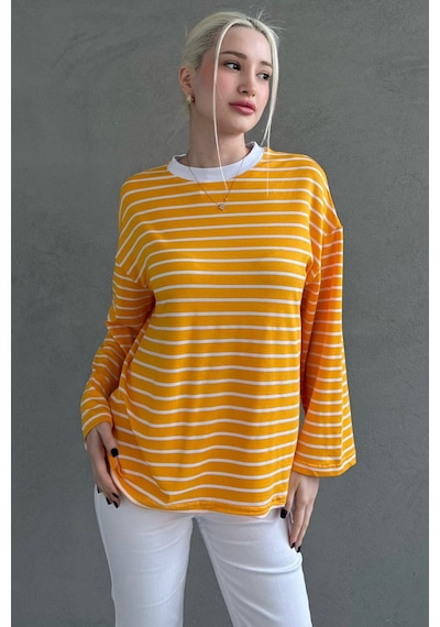 Hardal Bisiklet Yaka Çizgili Uzun Kollu Tişört Mg2362 Hardal