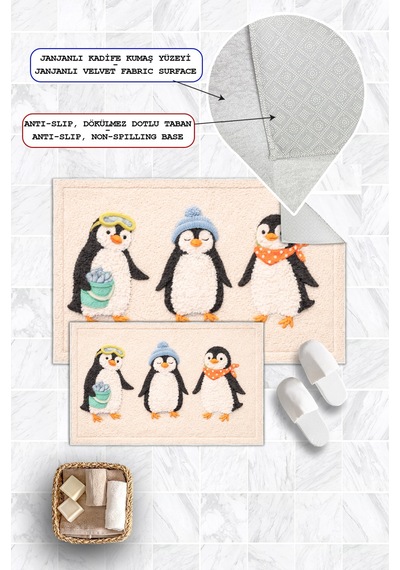 Penguen Desenli Dijital Baskılı Yıkanabilir 2li Banyo Paspası 50x60-60x100 Bej