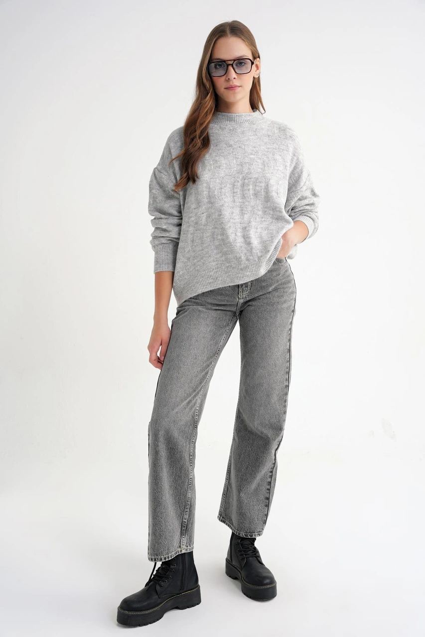 Mixray 6947 Kadın Kendinden Desenli Oversize Triko Kazak Gri