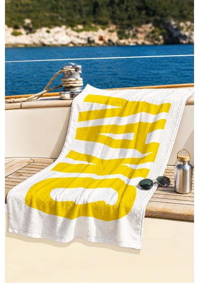 Sarı Okay Yazı Tipografik Plaj Havlusu - Modern Minimal Beyaz Hızlı Kuruyan Mikrofiber Havlu Kuru İncir