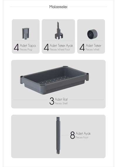 3 Katlı Banyo Raf Ünitesi, Banyo Düzenleyici, Şampuanlık, Gri