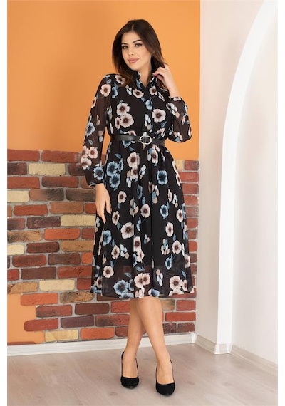 Dip Moda Kadın Gömlek Yaka Kemerli Çiçekli Şifon Elbise Dpry0031 Mint Yeşili
