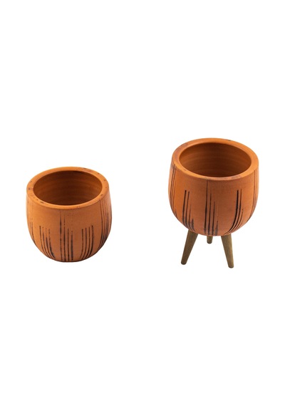 Bitki Tasarımı Ev Dekorasyon Siyah Çizgi Desenli Terakota Toprak Saksı Saksılık Salon Çiçeklik İkili Set Ayaksız, 3 Ayaklı 12 Cm