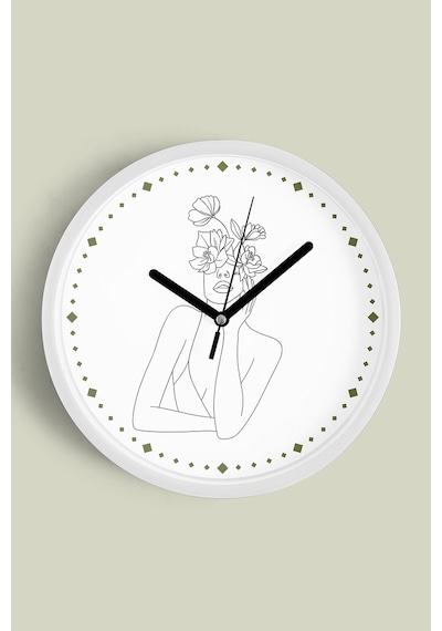 Çiçekli Kadın Silüeti Minimalist Modern Duvar Saati - 35cm - Önü Camlı Beyaz Kasa - Sessiz Mekanizma Beyaz