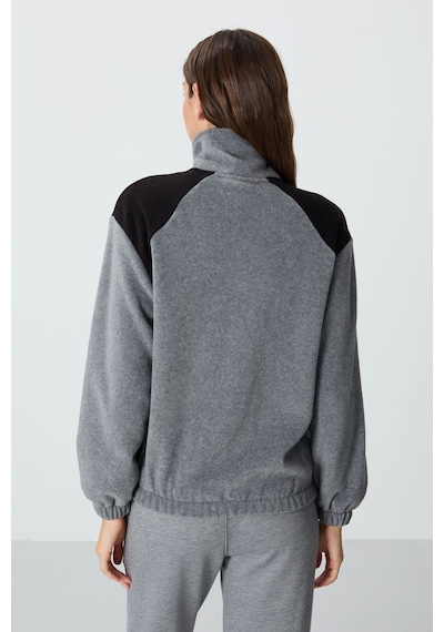 Tommy Life Gri Melanj Kalın Yumuşak Dokulu Dik Yaka Oversize Nakışlı Polar Kadın Sweatshirt - 97293 Gri Melanj