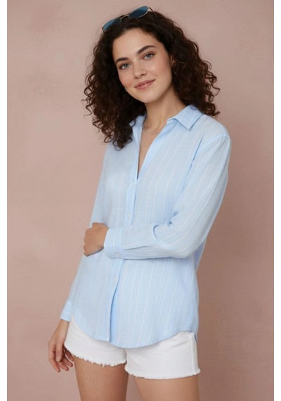Rovebella Capri Çizgili Oversize Keten Gömlek Mavi