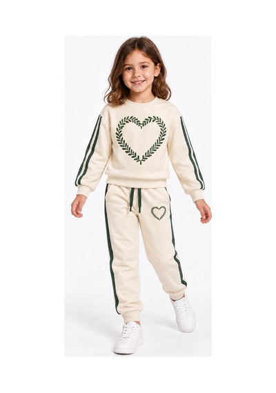 Rony Pony Kids Kız Çocuk Ekru Yeşil Kalp Desenli Şeritli Eşofman Takımı Sweatshirt Ve Jogger Pantolon Beyaz Yeşil