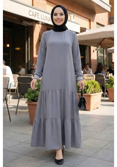 Hb Harma Time Butik Kadın Ayrobin Kolu Ribanalı Uzun Gri Tesettür Elbise Gri Gri