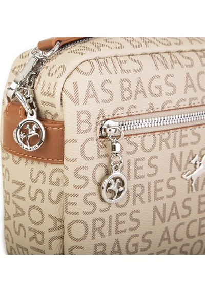 Nas Bag Kadın Çapraz Çanta Mini Cüzdanlı Ayarlanabilir Askılı Vizon Taba Yazılı Taba