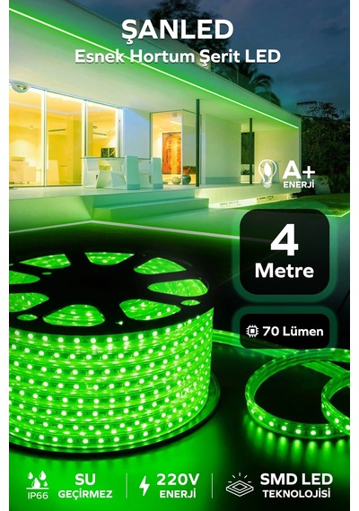Hortum Esnek 220v Şerit Led Yeşil 4 Metre 4 Metre