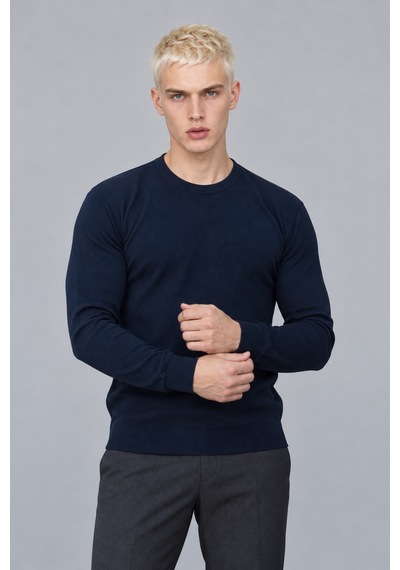 Hk Premium Erkek Fitilli Slim Fit Bisiklet Yaka Triko Kazak Lacivert
