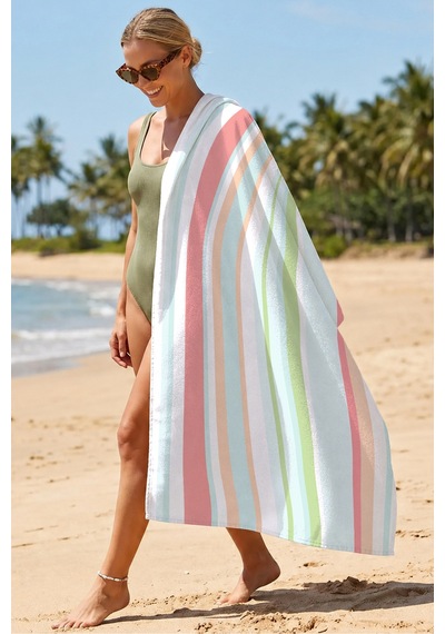 Çizgili Pastel Renkli Mikrofiber Plaj Havlusu - Akdeniz Stil Havuz Deniz Banyo Sahil Örtüsü Berrak Porselen