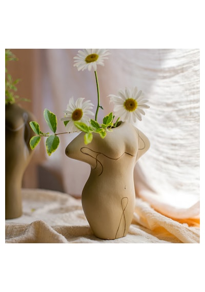 Terracotta Gövde Şekilli Dekoratif Vazo Kahverengi Toprak Modern Salon Konsol Bohem Ev Dekoru 16 Cm Açık Kahverengi
