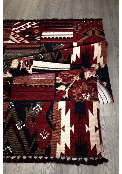 Kırmızı Renkli Afgan Tarzı Altı Kaymaz Yıkanabilir Şönil Kilim-487