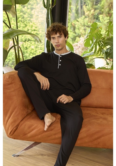 Kly Erkek Uzun Kol Midi Yaka Siyah Pijama Takımı C3t6n2o9 001