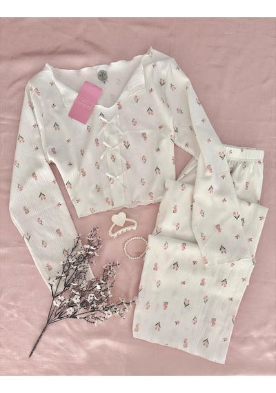 Mh Moony Homewears Özel Dokulu Tuberose Pijama Takımı Ekru