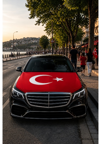 Türkiye Kaput Bayrağı 130x160 Cm - Universal Lastikli Araç Kaput Bayrağı Oto Türk Bayrağı Araç Süsü