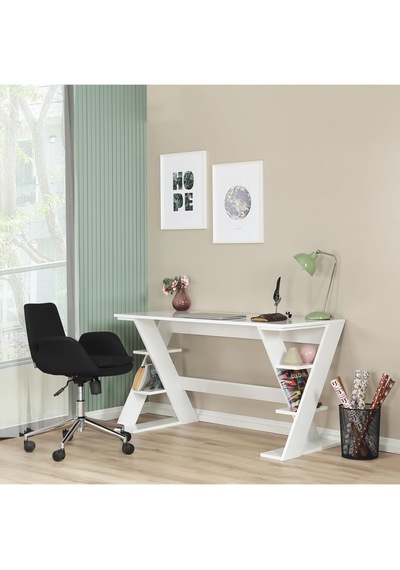 Lungo Raflı Çalışma Masası, Ofis Masası, 60x140 Cm, Parlak Beyaz Çok Renkli