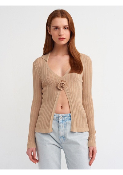 Dilvin 10526 Polo Yaka Çiçek Detaylı Transparan Triko Bluz-bej-565 Bej