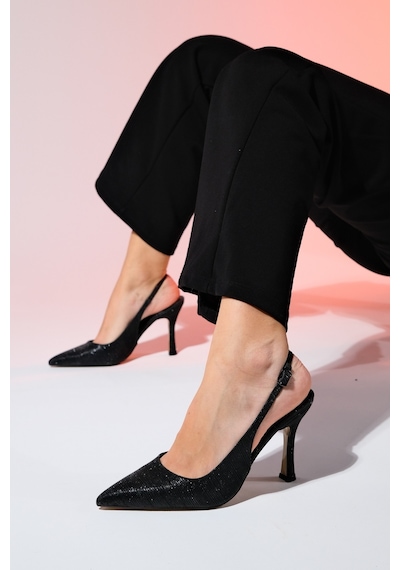 Luvishoes Andes Siyah Çizgili Kadın Sivri Burun Arkası Açık Yüksek Topuklu Ayakkabı Siyah