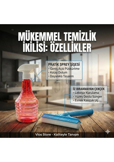 Vios Store 2'si 1 Arada Süngerli Cam Çekçeği Ve Sprey Şişesi Seti, İz Bırakmayan Camsil Aparatı, Duşakabin, Ay Diğer