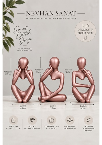 Ev & Ofis Dekoru Rose Gold 3 Lü İnsan Figürü Seti El Yapımı Minimalist Heykel Takımı